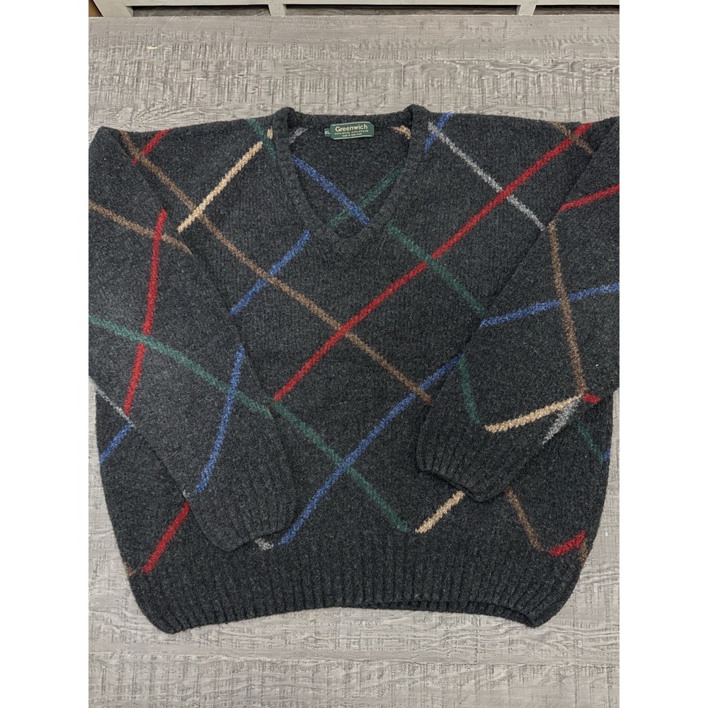 Vintage Greenwich Wool Sweater Men's XL Plaid V Neck 80% Wool Gray Red Green